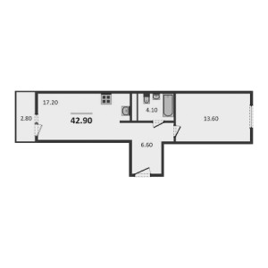 1 комнатная 42.9м²