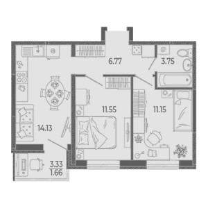 2 комнатная 49.01м²