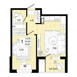 1 комнатная 43.22м²