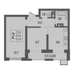 2 комнатная 50.4м²