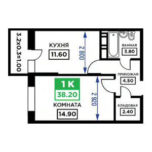 1 комнатная 38.2м²