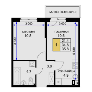 1 комнатная 35.8м²