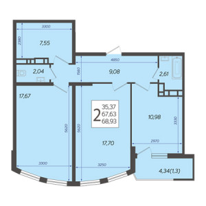 2 комнатная 68.93м²