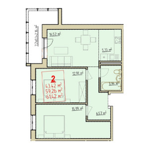 2 комнатная 61.42м²