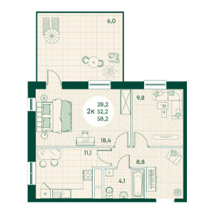 2 комнатная 58.2м²