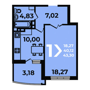 1 комнатная 43.3м²