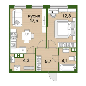 1 комнатная 44.4м²