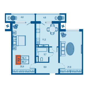 2 комнатная 80.7м²