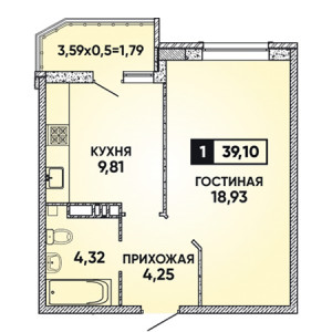 1 комнатная 39.1м²