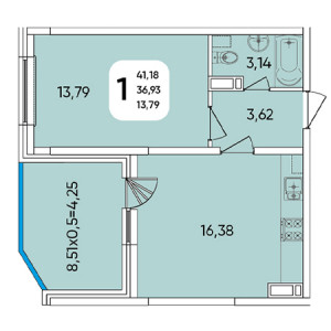 1 комнатная 41.18м²