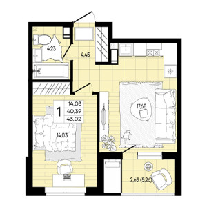 1 комнатная 43.02м²