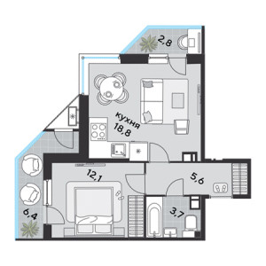 1 комнатная 49.4м²