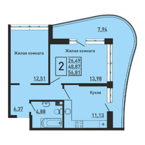 2 комнатная 56.81м²