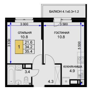 1 комнатная 35.4м²