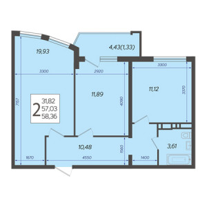 2 комнатная 58.36м²