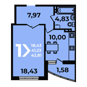 1 комнатная 42.81м²