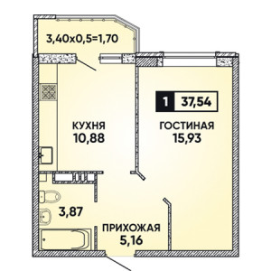 1 комнатная 37.54м²