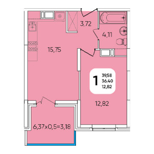 1 комнатная 39.58м²