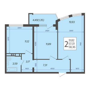 2 комнатная 58.36м²