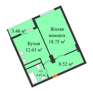 1 комнатная 46.07м²