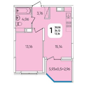 1 комнатная 39.08м²