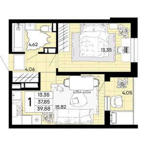 1 комнатная 39.88м²