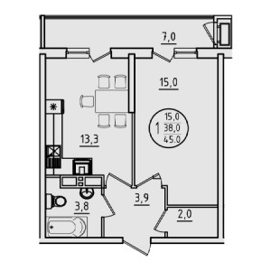 1 комнатная 45м²