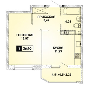 1 комнатная 36.9м²