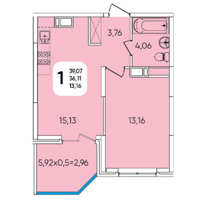 1 комнатная 39.07м²