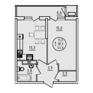 1 комнатная 44.6м²