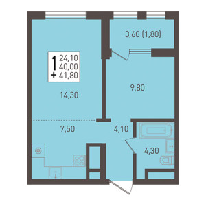 1 комнатная 41.8м²