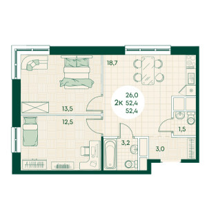 2 комнатная 52.4м²