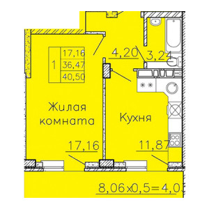 1 комнатная 40.5м²