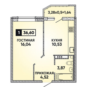 1 комнатная 36.6м²