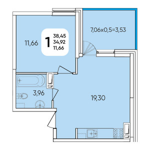 1 комнатная 38.45м²