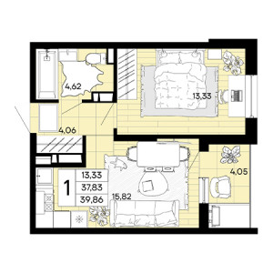 1 комнатная 39.86м²