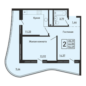 2 комнатная 54.49м²