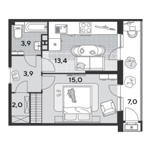 1 комнатная 45.2м²