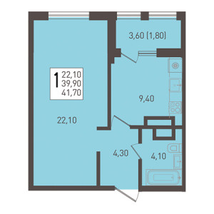 1 комнатная 41.7м²