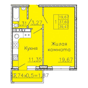 1 комнатная 39.47м²