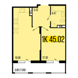 1 комнатная 45.02м²