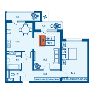 2 комнатная 70.9м²