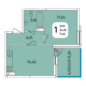 1 комнатная 37.91м²