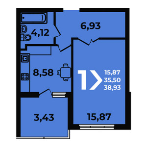 1 комнатная 38.93м²