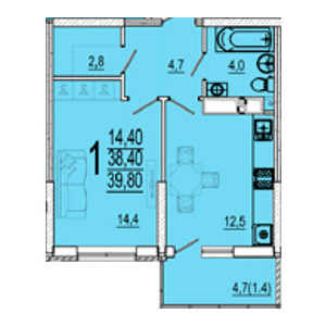 1 комнатная 39.8м²