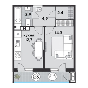 1 комнатная 44.8м²