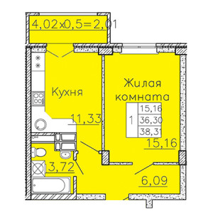 1 комнатная 39.31м²