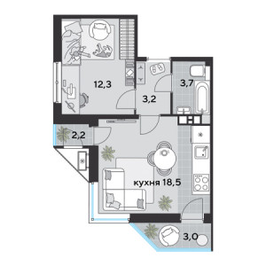 1 комнатная 42.9м²