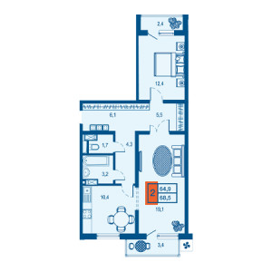 2 комнатная 68.5м²