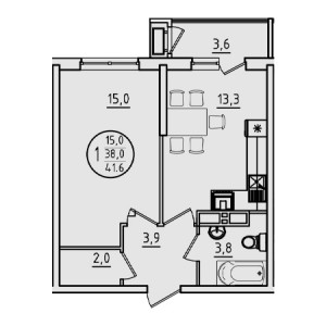 1 комнатная 41.6м²